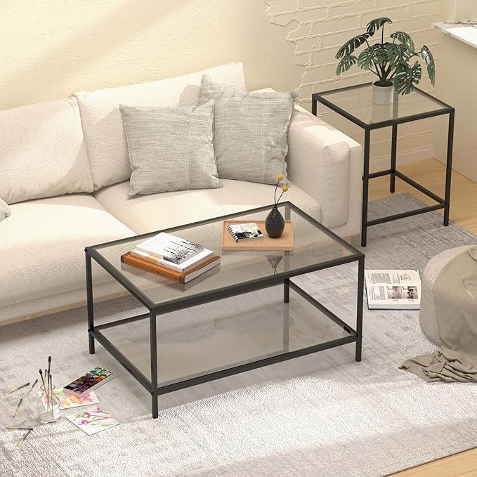 Nesting Coffee Table,Small Glass Coffee Table Set of 2,Black Modern Square Sofa Side Tea Table for Living Room,Bedroom and Small Spaces,2 Tier Tempered Glass with Sturdy Metal Frame, Easy Assembly