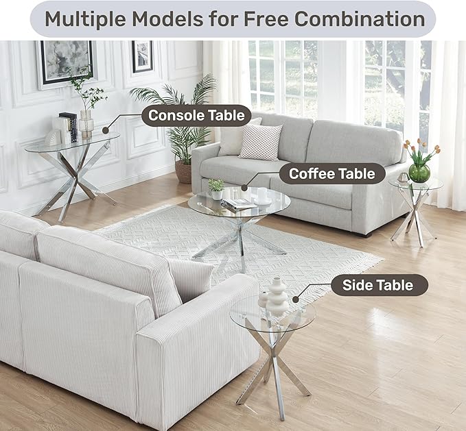Modern Glass End Table, Small Round Side Table for Couch, Sofa Table with Clear Tempered Glass Top for Living Room, Bedroom, Bedside, 19.7" Wx21.7 H Silver