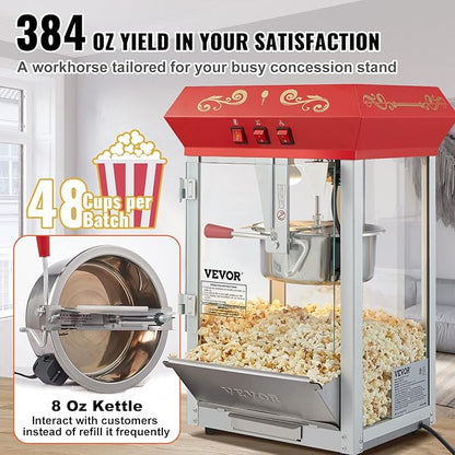 VEVOR Commercial Popcorn Machine, 8 Oz Kettle, 850 W Countertop Popcorn Maker for 48 Cups per Batch, Theater Style Popper with 3-Switch Control Steel Frame Tempered Glass Doors 2 Scoops 2 Spoons, Red