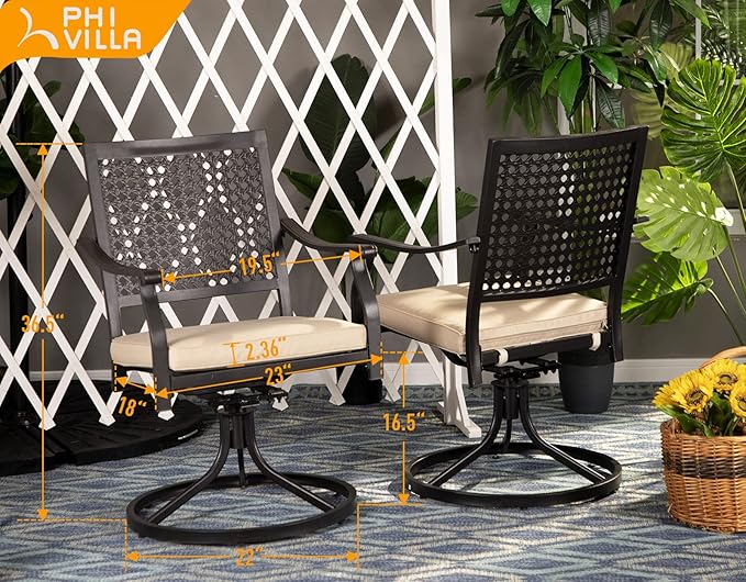 PHI VILLA Patio Swivel Dining Chairs Set of 4, Outdoor Kitchen Garden Metal Chair with Cushions, Patio Furniture Chair with Armrest, Black Frame