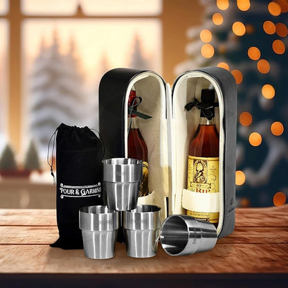 POUR & GARNISH Bourbon Whiskey & Wine Double Bottle Travel Bag with 4 Stainless Steel Double-Walled Vacuum Insulated Glasses - Makes a Great Gift!