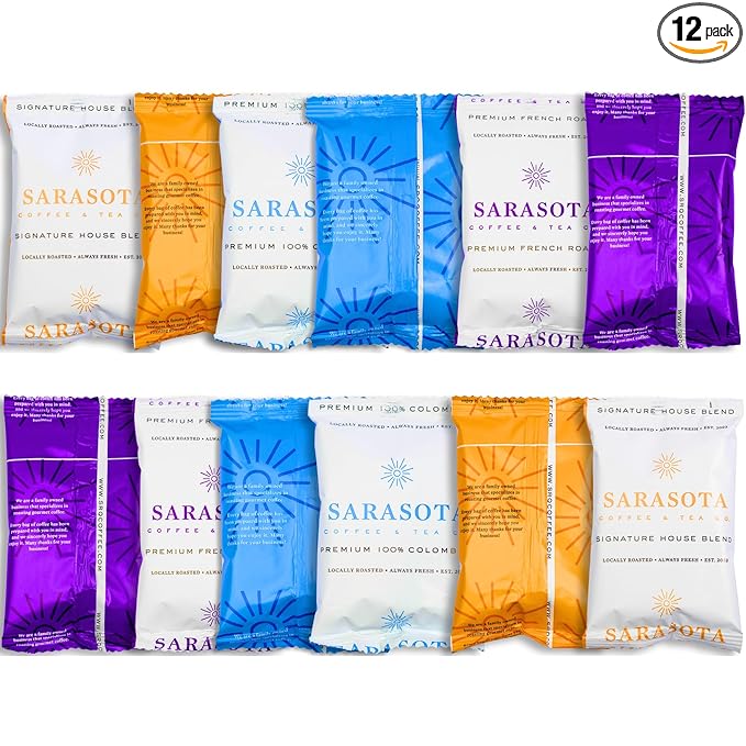 Sarasota Coffee Ground Packets | Gift Set Assorted Variety Sampler Packs | Medium, Colombian, & Dark Roast | Gourmet Low Acid Mold Free Individual Pouches for 12 Cup Coffee Maker | 2 Oz Bags, 12 Count