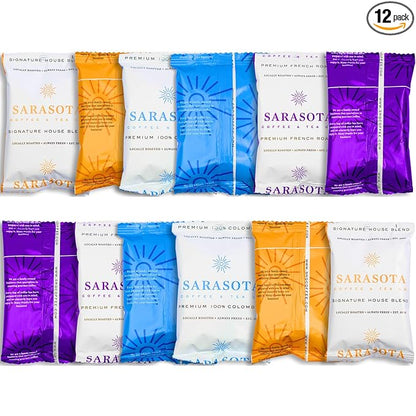 Sarasota Coffee Ground Packets | Gift Set Assorted Variety Sampler Packs | Medium, Colombian, & Dark Roast | Gourmet Low Acid Mold Free Individual Pouches for 12 Cup Coffee Maker | 2 Oz Bags, 12 Count