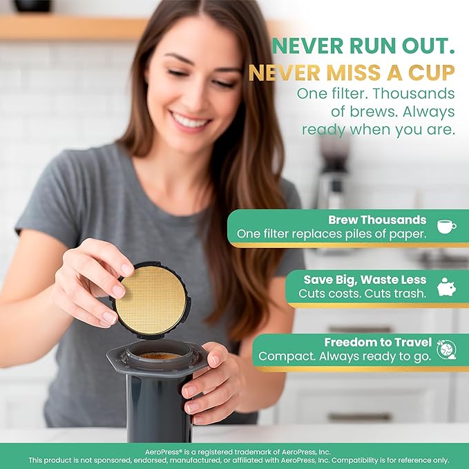 Gold Reusable Disc Filter Compatible with AeroPress XL Coffee Maker – Titanium-Coated Stainless Steel, Washable, Eco-Friendly, Travel Ready – Fits AeroPress XL Only - By Think Crucial