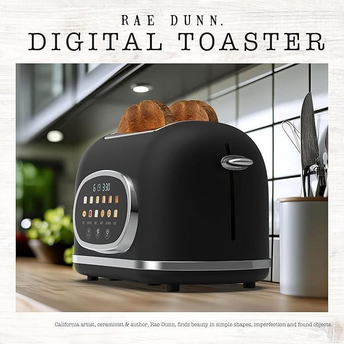 Rae Dunn Retro Digital Electric Toaster, 2 Slice Stainless Steel Toaster With Touchscreen, Countdown Timer, 6 Shade Settings, Wide Slots, High Lift Lever, Bagel, Defrost & Reheat, Black New