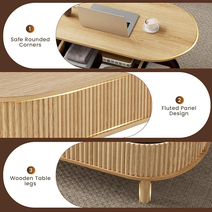 BREEZEHEAT Fluted Lift Top Coffee Table, 39" Oval Coffee Table with Storage, Hidden Compartment & Fully Assembled Centre Table Oval Lift Tabletop for Living Room, Small Space, Home Office, Natural