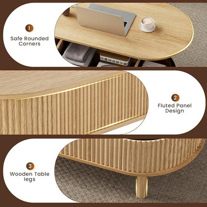 BREEZEHEAT Fluted Lift Top Coffee Table, 39" Oval Coffee Table with Storage, Hidden Compartment & Fully Assembled Centre Table Oval Lift Tabletop for Living Room, Small Space, Home Office, Natural