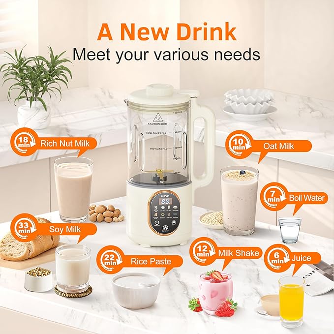 Beyn 60oz Nut Milk Maker Machine with 48-Leaf Titanium Blades，10-in-1 Automatic Plant-Based Milk Maker for Homemade Oat, Soy, Almond, Juice & More，Temp Hold, Delay Start, Boil &Auto Clean