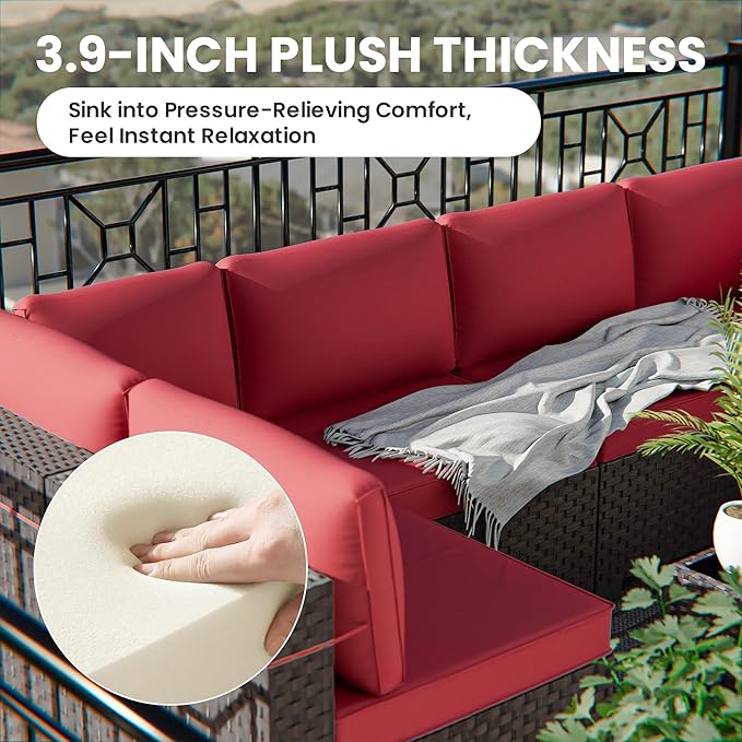 10 Pieces Outdoor Patio Furniture Set Outdoor Furniture Patio Sectional Sofa Conversation Sets w/ETL Approved 45" Gas Outdoor Fire Table & Coffee Table, Swivel Rocking Chair (Red)