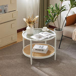 Load image into Gallery viewer, VINGLI 25.6" Coffee Table for Living Room, Round Water-Wave Glass Metal Center Table, Modern Rattan Coffee Table with 2-Tier Storage, Farmhouse Circular End Table for Small Space, White