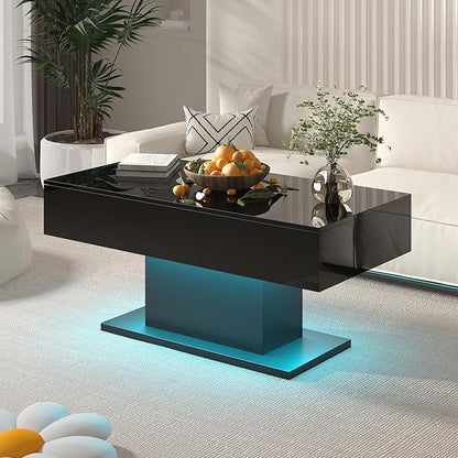 Black Led Coffee Table with 2 Storage Drawers for Living Room, Living Room Table Rectangular Center Table, Modern High Glossy Wooden Coffee Tables with Lights for Dining Reception Room