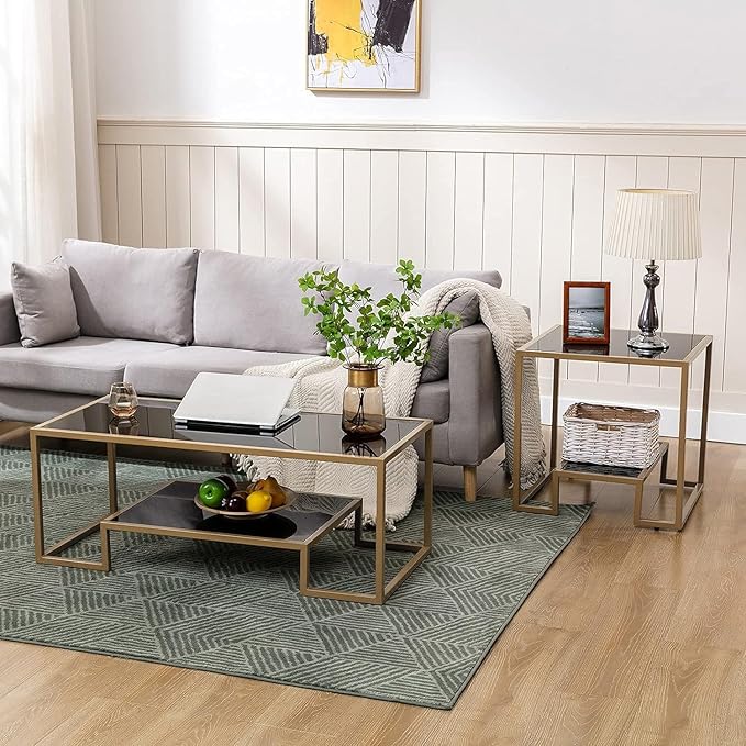 COSVALVE Glass Coffee Table, Brass Accent Modern Tempered Glass Side Table, Additional Storage Shelf & Metal Frame, for Living Room Home Classy Furniture Office Decor