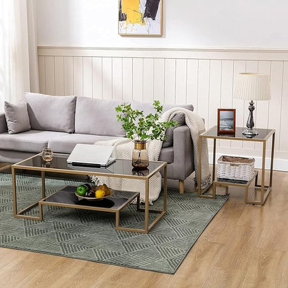COSVALVE Glass Coffee Table, Brass Accent Modern Tempered Glass Side Table, Additional Storage Shelf & Metal Frame, for Living Room Home Classy Furniture Office Decor