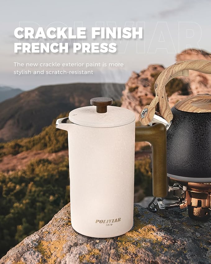 POLIVIAR French Press Coffee Maker, 34 Ounce Coffee Press with Real Wood Handle, Double Wall Insulation & Dual-Filter Screen, Food Grade Stainless Steel for Good Coffee and Tea JX2023-FPLM