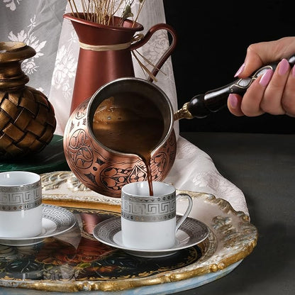 BCS 18 Oz X-Large Copper Turkish Greek Arabic Coffee Pot with Wooden Handle (6 servings) Cezve Ibrik Briki Stovetop Coffee Maker (Includes Wooden Spoon)