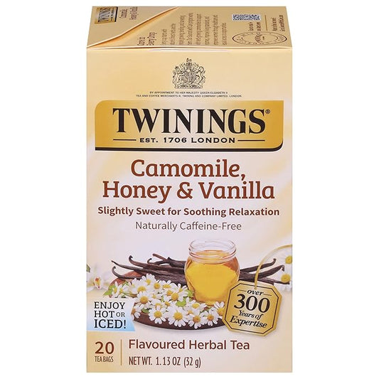 Twinings Honey and Vanilla Herbal Camomile Individually Wrapped Teabags, Soothing, Slightly Sweet & Naturally Caffeine-Free, 20 Count (Pack of 6), Enjoy Hot or Iced