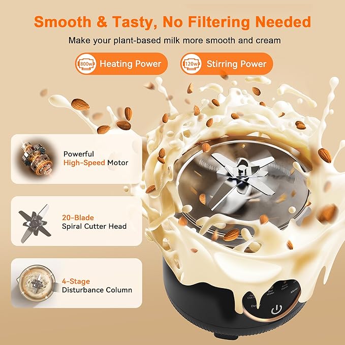 50oz Nut Milk Maker Machine, 10 in 1 Automatic Plant Based Milk Maker for Homemade Oat, Coconut, Chowder, Juice, Soy Milk with 20 Blades,Delay Start, Boil Water, Keep Warm & Auto Clean