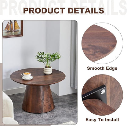 Walnut Coffee Table, 25.6" Small Coffee Table, Natural Wood Grain Round Tabletop with Wooden Cone Base, Round Living Room Table with Adjustable Feet, Mid Century Center Table for Apartment,Small Space
