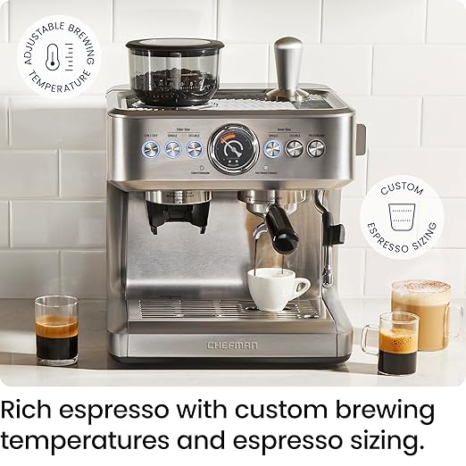 Chefman Crema Supreme 15 Bar Espresso Machine with Milk Frother, Barista Steam Wand, Professional Coffee Maker with Coffee Grinder, 30 Grind Settings, 3L Removable Water Tank - Stainless Steel