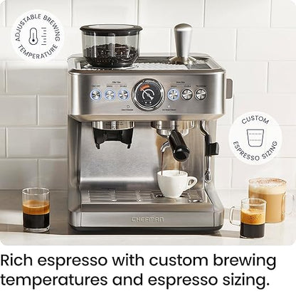 Chefman Crema Supreme 15 Bar Espresso Machine with Milk Frother, Barista Steam Wand, Professional Coffee Maker with Coffee Grinder, 30 Grind Settings, 3L Removable Water Tank - Stainless Steel