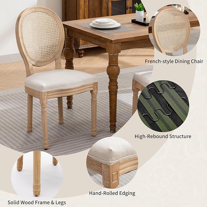 Vintage French Country Dining Chairs Set of 6, Rattan Dining Chairs with Solid Wood Legs, Beige Upholstered Dining Chair, Sillas para Comedor, Kitchen & Dining Room Chair (Beige, Rattan, 6Pcs)