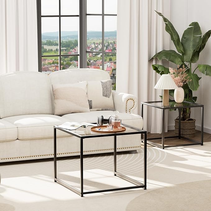 VILAWLENCE Coffee Table Set of 2, Modern Black Glass Side Table, Metal Frame Square End Table, Center Tables, Nesting Coffee Table for Living Room, Bedroom and Small Spaces, 23.6in