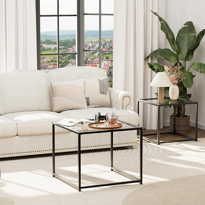 VILAWLENCE Coffee Table Set of 2, Modern Black Glass Side Table, Metal Frame Square End Table, Center Tables, Nesting Coffee Table for Living Room, Bedroom and Small Spaces, 23.6in