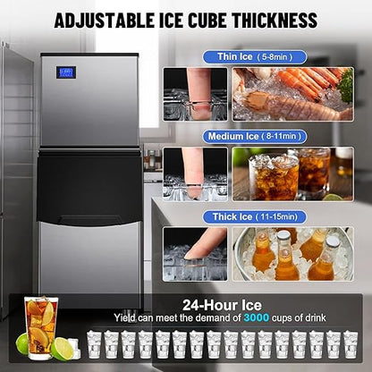 Commercial Ice Maker Machine 500Lbs/24H with 350Lbs Large Ice Storage Bin, Freestanding Ice Maker 156Pcs Clear Ice Cubes in 10Mins, Auto-Clean Stainless Steel Industrial Ice Machine for Restaurant