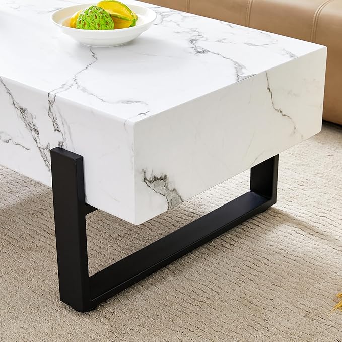 47.2" Marble-Patterned Rectangle Coffee Table MDF Desktop with Metal Legs for Living Room Dining Room Office, White and Black