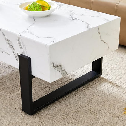 47.2" Marble-Patterned Rectangle Coffee Table MDF Desktop with Metal Legs for Living Room Dining Room Office, White and Black