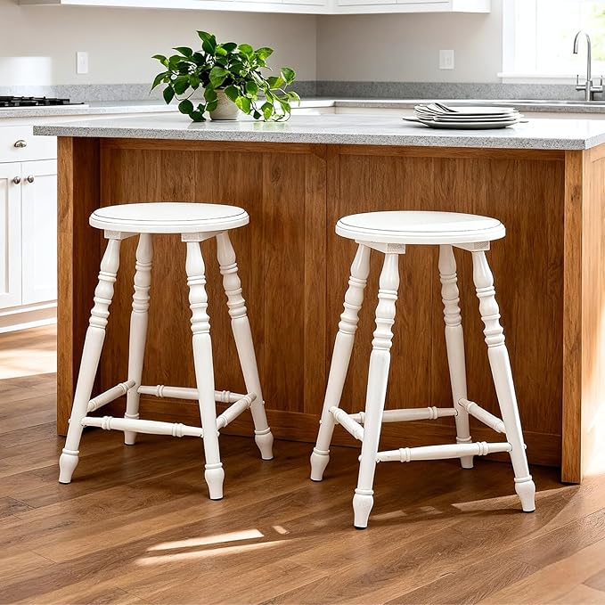 chairus 24" White Backless Counter Height Bar Stools Set of 2, Farmhouse Wooden Counter Stools with Round Seat & Turned Legs, Rustic Vintage Colonial Short Bar Chairs for Kitchen Island