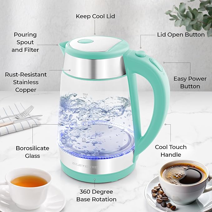 Zulay Kitchen Fast Boiling Electric Water Kettle - 1.7L, 1500W, Auto Shut-Off for Overboil & Boil Dry Protection, Cool-Touch Handle, 360° Base - Rapid Teapot Boiler For Coffee & Tea - Mint