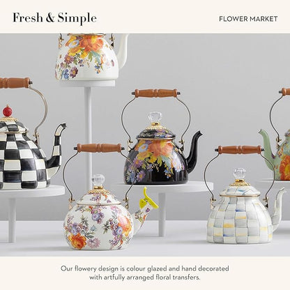 MACKENZIE-CHILDS Enamel Whistling Tea Kettle, Decorative Teapot for Stovetop, White Flower Market