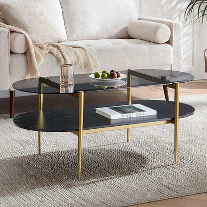 Oval Glass Coffee Table, Mid-Century Modern Design, L41 x W21 x H17 inch, for Living Room, Grey Glass Top, Black Marble Finish Wood Shelf & Gold Finish Frame