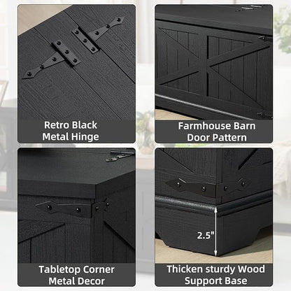 Farmhouse Coffee Table with Large Hidden Storage Compartment, Rustic Black Square Center Table, Wood Low Farm House Modern Living Room Tables with Hinged Lift Top & Wooden Arc Base