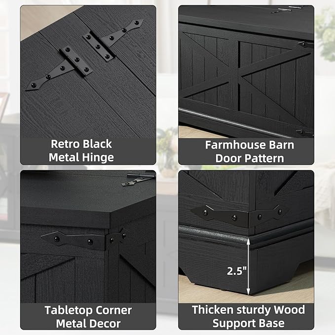 Farmhouse Coffee Table with Large Hidden Storage Compartment, Rustic Black Square Center Table, Wood Low Farm House Modern Living Room Tables with Hinged Lift Top & Wooden Arc Base