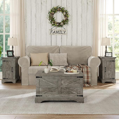 Furnideco Farmhouse Lift Top Coffee Table, Square Wood Center Table with Large Hidden Storage Compartment for Living Room, Rustic Modern Table with Hinged Lift Top, Oak Grey