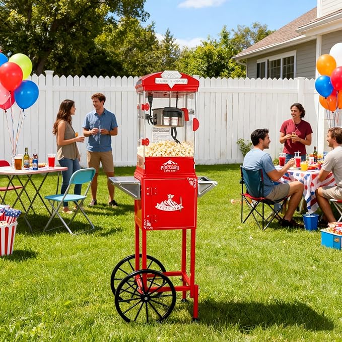 10oz Popcorn Machine with Cart, Wheels & Stainless Steel Kettle, Vintage Movie Theater Style, Popcorn Maker Machine for Parties, Events, Home & Commercial Use, Red