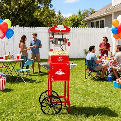 10oz Popcorn Machine with Cart, Wheels & Stainless Steel Kettle, Vintage Movie Theater Style, Popcorn Maker Machine for Parties, Events, Home & Commercial Use, Red