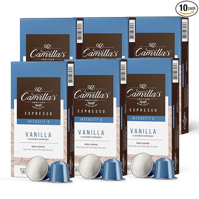 Camilla’s Heritage - Intensity 8 Vanilla Flavored Espresso Coffee, Gourmet Espresso Cups, 60 Coffee Pods