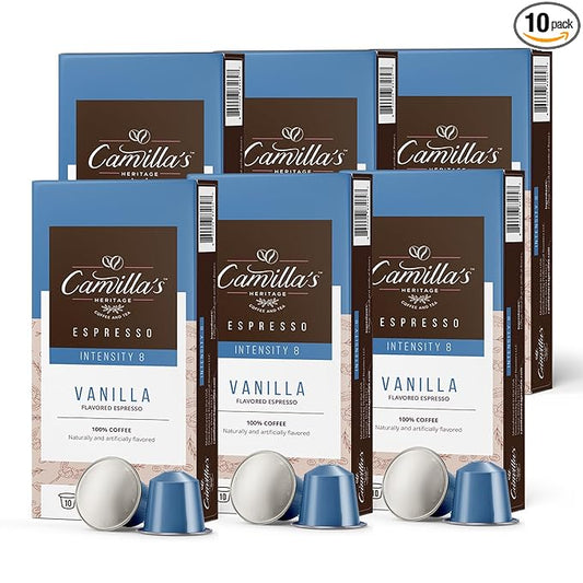 Camilla’s Heritage - Intensity 8 Vanilla Flavored Espresso Coffee, Gourmet Espresso Cups, 60 Coffee Pods