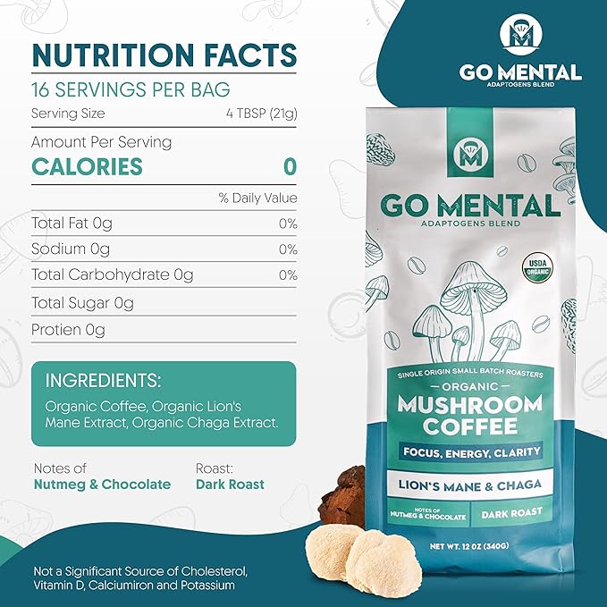 Organic Lion's Mane & Chaga Mushroom Coffee Ground Dark Roast, Full Fruiting Bodies, For Enhanced Brain Function, Immune Support, Wellbeing Grade 1 Single Origin, 12oz - Ground