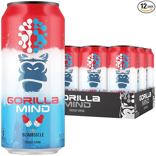 Gorilla Mind Energy Drink | Unmatched Energy · Amplified Focus | N-Acetyl-L-Tyrosine, Alpha-GPC, 200mg Caffeine, Uridine, Saffron | 0 Sugar Or Artificial Colors | 16oz, 12-Pack (Bombsicle)