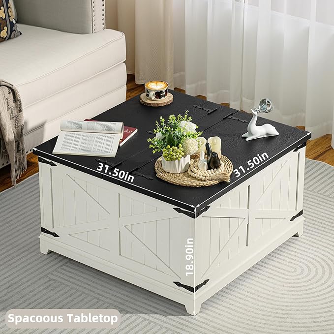 Farmhouse Coffee Table with Hidden Storage Compartment, Antique Black & White Square Large Center Table for Living Room, Wood Rustic Wide Coffee Tables with Hinged Lifting Tabletop for Home