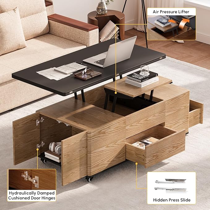 homary Modern 47" Lift-Top Coffee Table, Black & Walnut with 3 Drawers, 2 Open Storage Compartments, Hidden Cabinet, Convertible Dining Office Table for Living Room Small Spaces