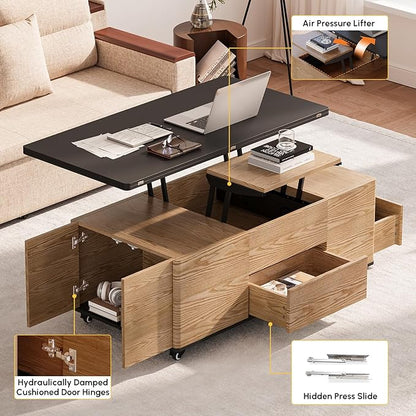 homary Modern 47" Lift-Top Coffee Table, Black & Walnut with 3 Drawers, 2 Open Storage Compartments, Hidden Cabinet, Convertible Dining Office Table for Living Room Small Spaces