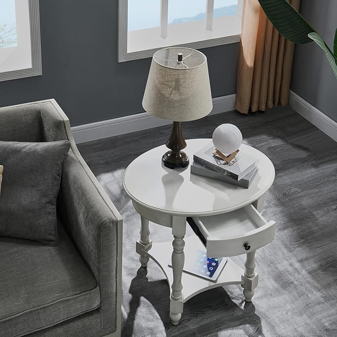 Solid Wood Oval End Table with Drawer and Storage Shelf, 28" Traditional Retro Side Table Polished Edging Sofa Table Bedside Nightstand for Living Room Bedroom Home, Antique White