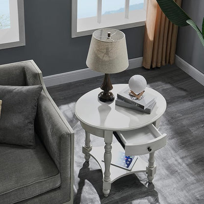Solid Wood Oval End Table with Drawer and Storage Shelf, 28" Traditional Retro Side Table Polished Edging Sofa Table Bedside Nightstand for Living Room Bedroom Home, Antique White