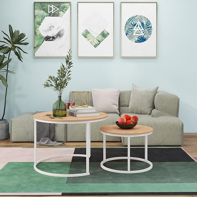 Round Coffee Table Set of 2 End Table for Living Room,Stacking Side Tables,Sturdy& Easy Assembly,Wood Look Accent Furniture with Metal Frame,Industrial/Modern Coffee Table White+Teak OAKDK