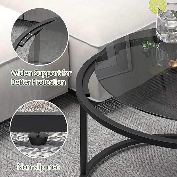 Glass Coffee Table Modern Center Table,Minimalist Round Coffee Tea Table,Tempered Glass-top with Sturdy Metal Frame for Living Room Bedroom Office and Small Space, 27 x 27 x 17 Inch,Gray Black
